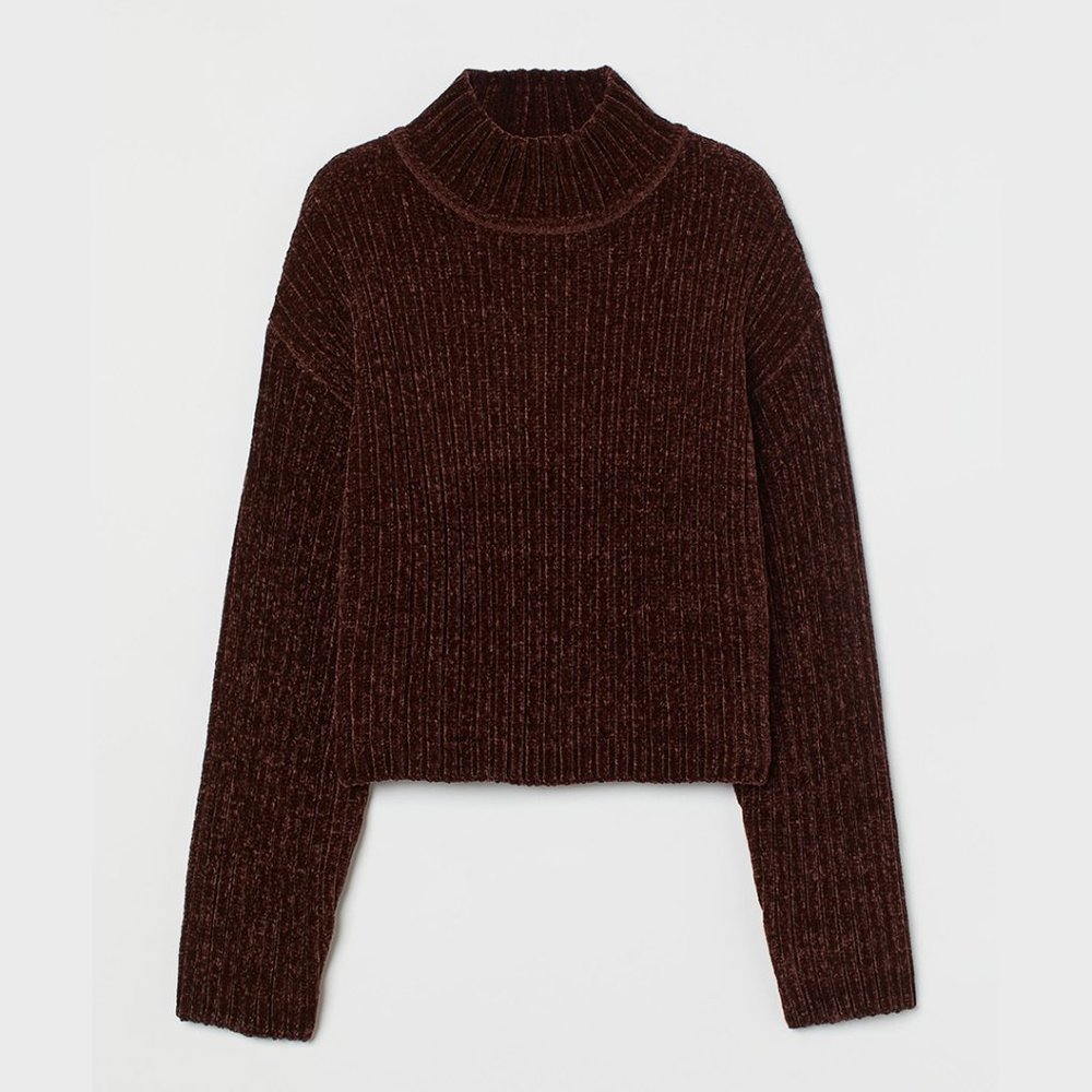 (NWT) H&M - chenille, mock turtleneck, cropped sweater (dark brown)